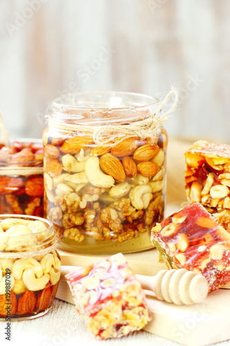 Nuts in honey and sweet marmalade with various nuts