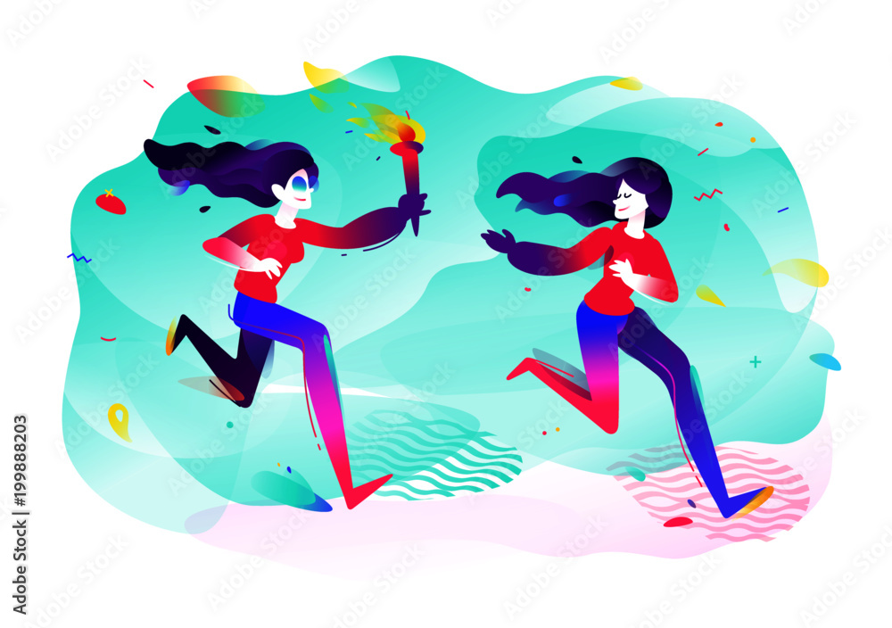 Illustration of girls with a torch. Running girls. Vector flat illustration. Illustration for banner and print. Image is isolated on white background. Gradient. Business illustration. The startup.