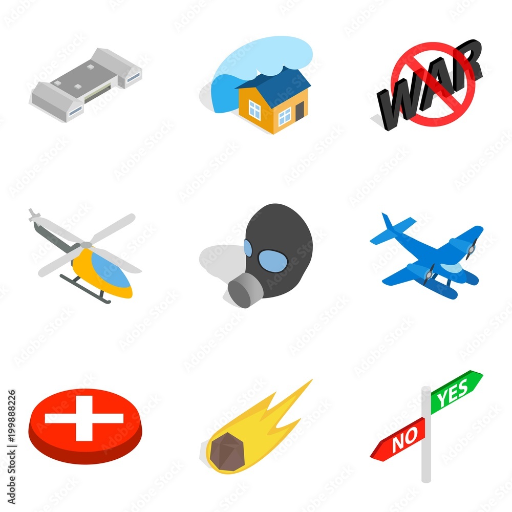 Defense icons set, isometric style Defense icons set, isometric style