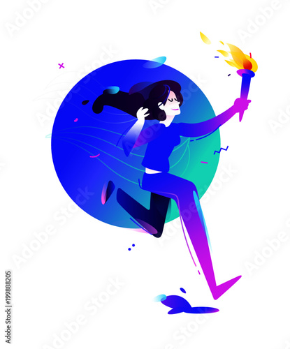 Illustration of a girl with a torch. Running girl. Vector flat illustration. Illustration for banner and print. Image is isolated on white background. Gradient. Business illustration. The startup.