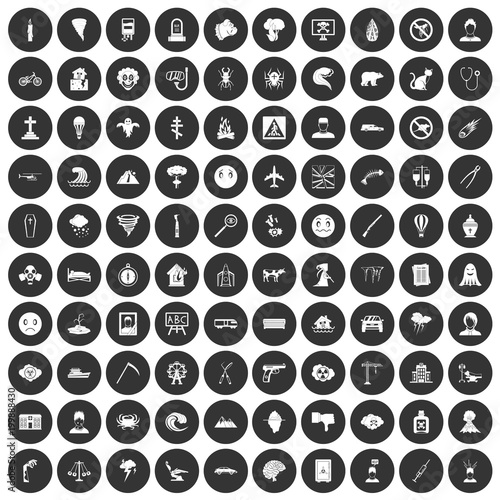 100 phobias icons set black circle