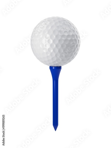 3D rendering golf ball on blue tee isolated on white