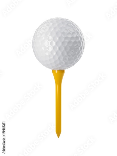 3D rendering golf ball on yellow tee isolated on white
