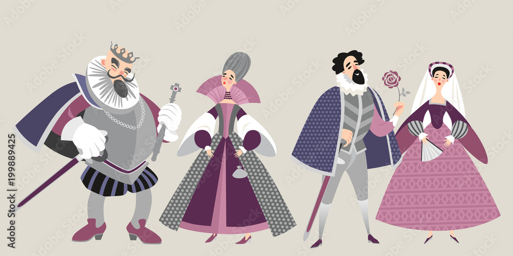 The royal  family. Funny cartoon characters in historical costumes. Isolated king, queen, prince and princess