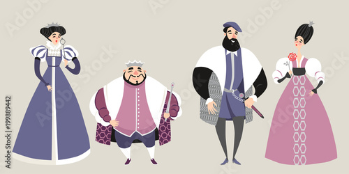 The royal  family. Fairy tale. Funny cartoon characters in historical costumes. Isolated king, queen, prince and princess