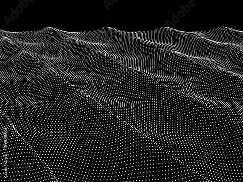 Abstract wave background. Wavy structure with dots on black. Vector illustration.