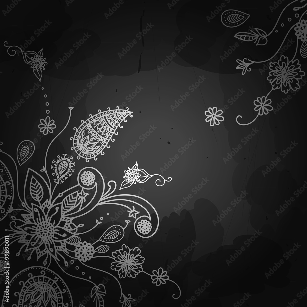 Indian traditional paisley and flower pattern. Black and white wedding invitation  background. Vector illustration. EPS 10 Stock Vector | Adobe Stock