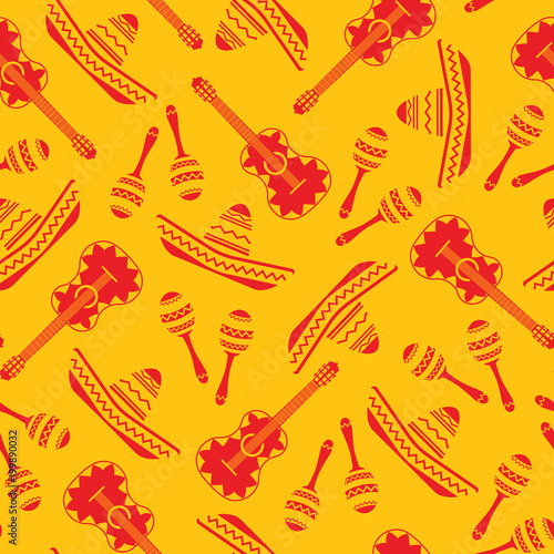 National mexican objects seamless pattern. Vector texture with sombrero, guitar and maracas in red color on yellow or orange background for event decoration, promo design or seamless fabric print