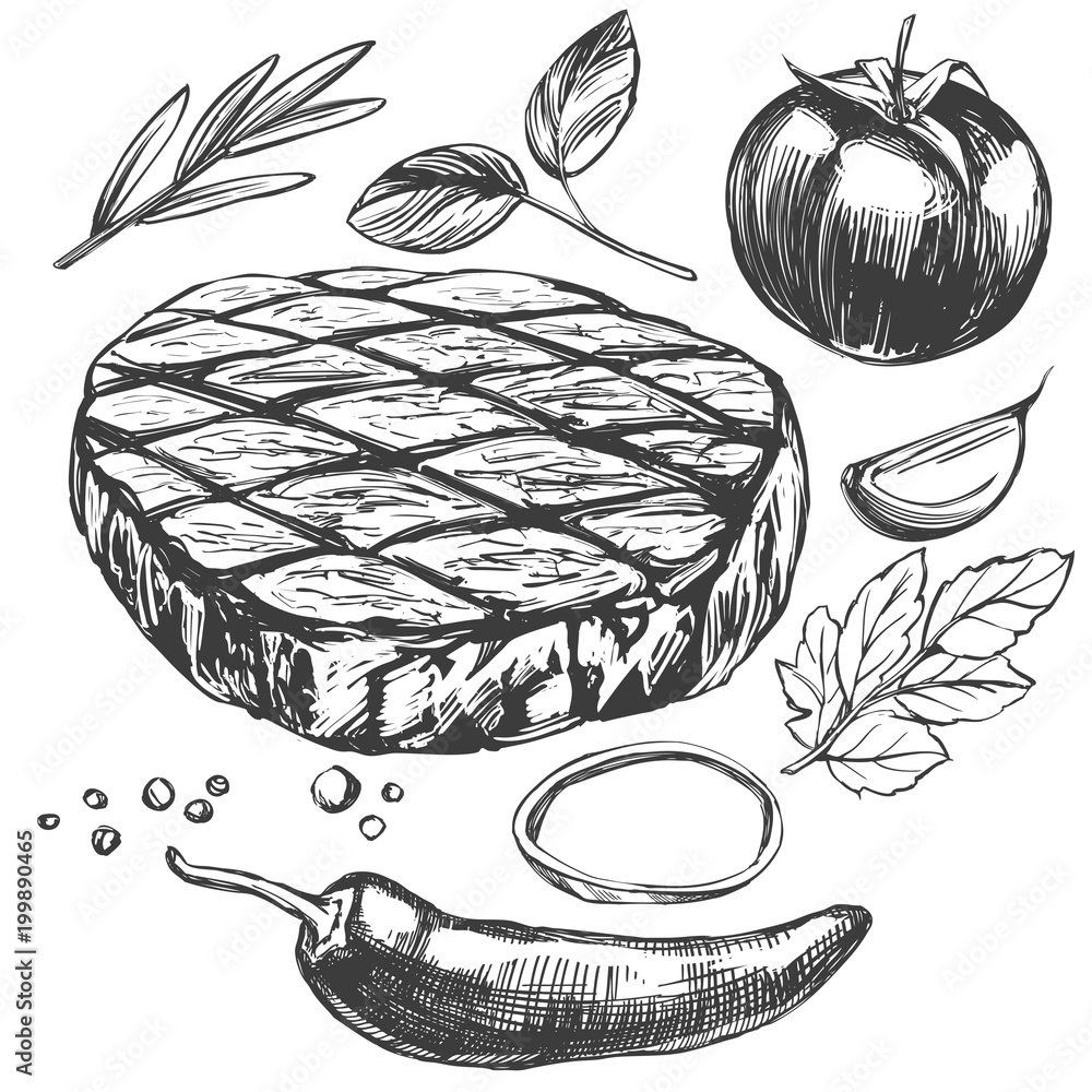 food meat, steak, roast, vegetable set, hand drawn vector illustration