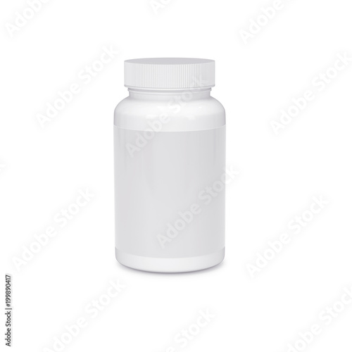 Blank Plastic Packaging Bottle with Cap for Pills Isolated on White Background. Food supplement package for capsules. 