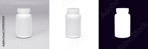 Wallpaper Mural Blank Plastic Packaging Bottle with Cap for Pills Isolated on White Background. Food supplement package for capsules. Alpha mask included. Torontodigital.ca