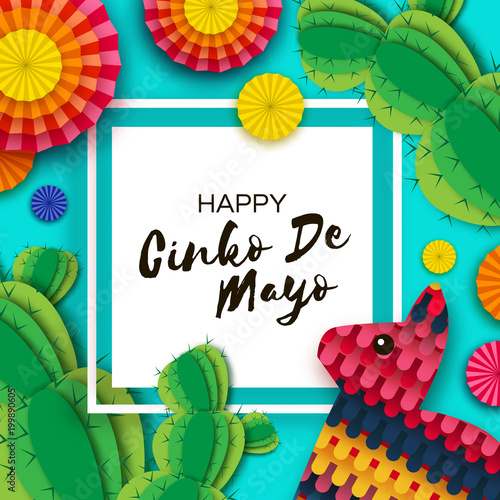 Happy Cinco de Mayo Greeting card. Colorful Paper Fan, Funny Pinata and Cactus in paper cut style. Mexico, Carnival. Square frame on blue. Space for text.