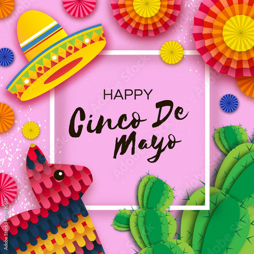 Happy Cinco de Mayo Greeting card. Colorful Paper Fan, Funny Pinata and Cactus in paper cut style. Origami Sombrero hat. Mexico, Carnival. Square frame on pink. Space for text.
