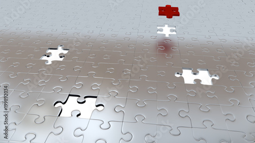 Four White Holes in Puzzle Pieces floor with One Red Piece above all other Grey pieces