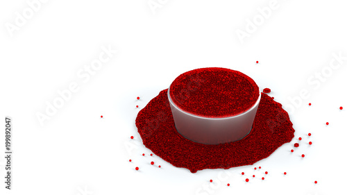 Fullfilled Metallic Cup of Red and Sticky Fluid of many micro balls with many Overflowed Fluid around the Bowl photo