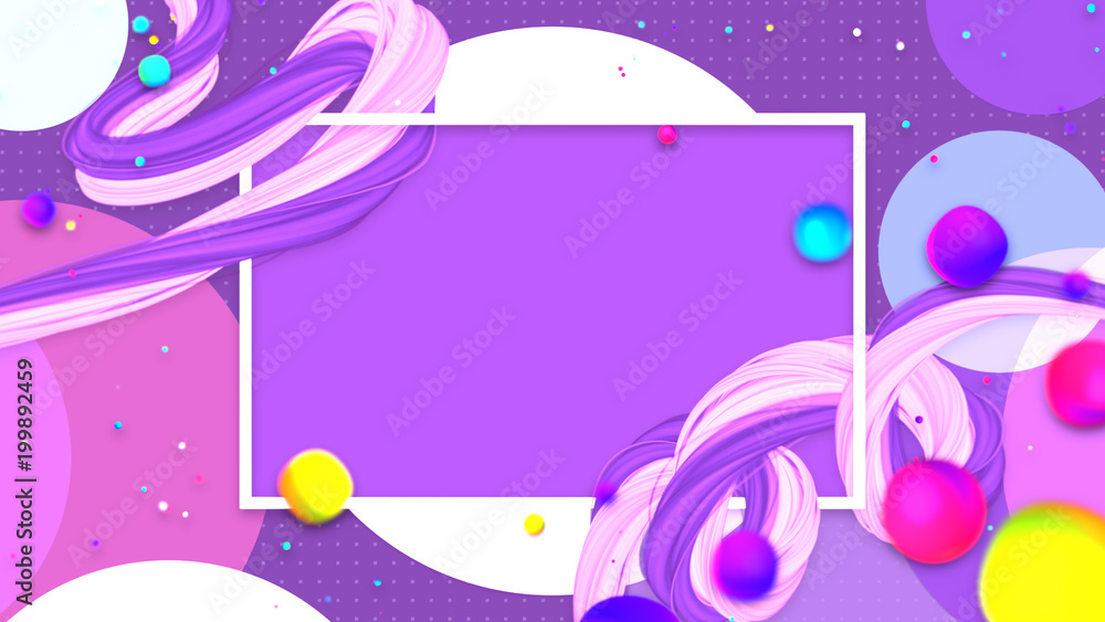3d rendering picture of white frame with paint brush stroke and colorful balls. Motion blur and depth of field camera effect.