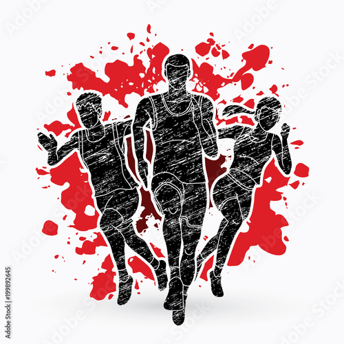 Group of Marathon runner, People running front view designed on splatter blood background graphic vector