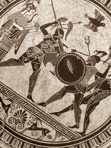 Detail from an old historical greek paint. Mythical heroes and gods fighting on it