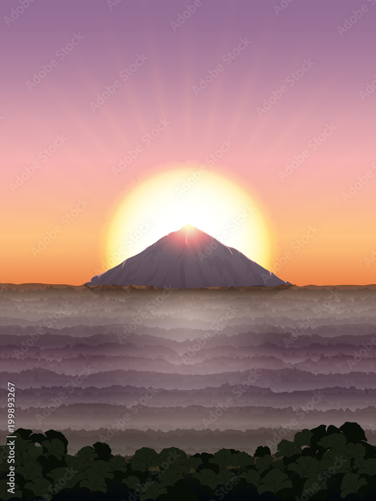 Landscape with mountain and sun