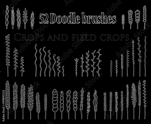 Set of Doodle brushes in the form of spikelets and grass and twi