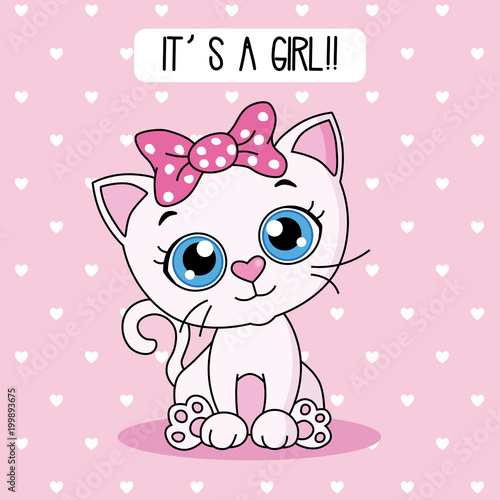 baby shower card. cute cat with a pink bow