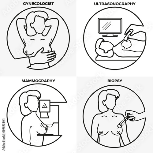 Breast Cancer Diagnostic Icons Set. Gynecologist, mammography, ultrasonography, biopsy. Medicine, pathology, anatomy, physiology, health. Vector illustration on transparent background.
