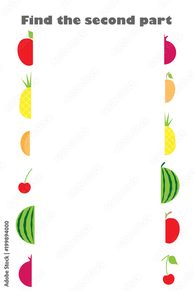 Find the second part of fruit (apple, cherry, orange, pineapple) in cartoon style for children, preschool worksheet activity for kids, task for the development of logical thinking, vector illustration Find the second part of fruit (apple, cherry, orange, pineapple) in cartoon style for children, preschool worksheet activity for kids, task for the development of logical thinking, vector illustration