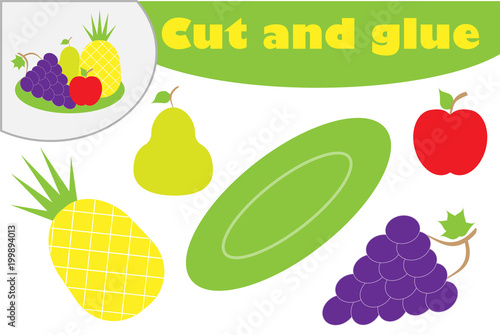 Fruit in cartoon style, education game for the development of preschool children, use scissors and glue to create the applique, cut parts of the image and glue on the paper, vector illustration