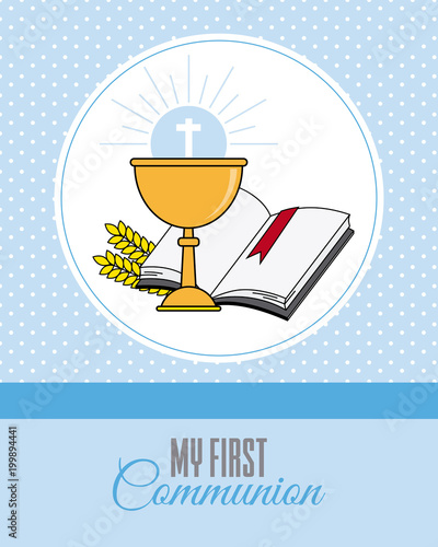 Card my first communion invitation. chalice with bible and dove of peace