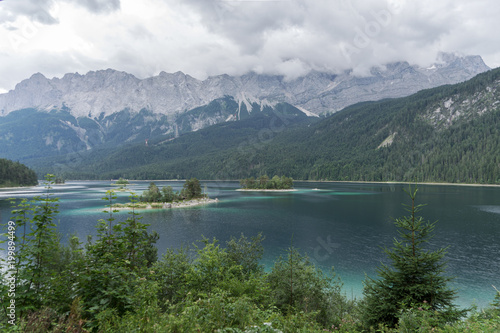 Eibsee with the highest mountain Zugspitze in Germany, Bavarian Alps, Germany