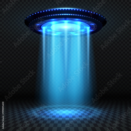 Aliens futuristic spaceship, ufo with blue lights. Invasion vector concept