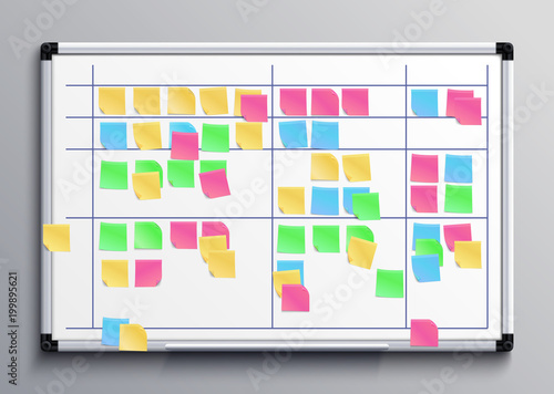 Meeting white board with color stickers. Scrum task board with sticky notes of daily plan vector illustration
