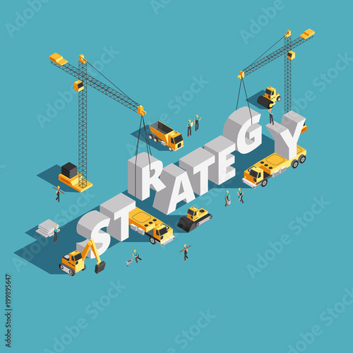 Website marketing strategy creation 3d isometric vector concept with workers and crane
