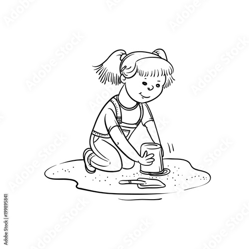 Vector sketch girl play in sandbox. Little child active walk in summer on outdoor. Cartoon black white isolated line illustration.