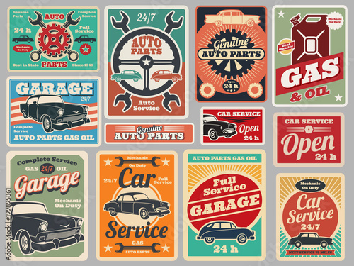 Vintage road vehicle repair service, gas station, car garage vector signs