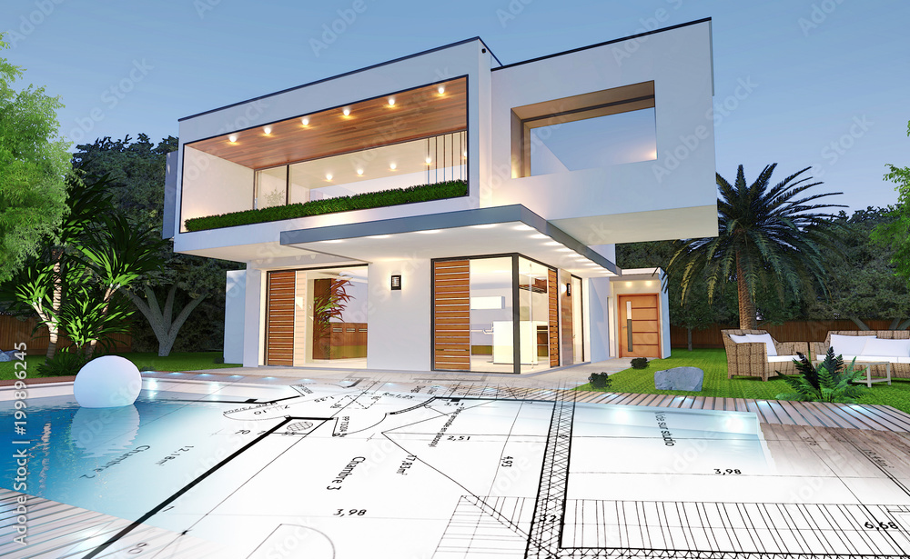 Plan d'une maison moderne d'architecte avec piscine Stock Illustration |  Adobe Stock