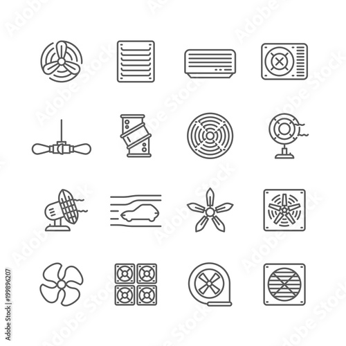 Heating and cooling airflow pictograms. Ventilation, airing filter, fan, blower, aerodynamics, turbine air vector icons