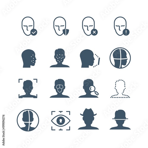 Face recognition safety software line icons. Faces and iris biometrics detection, facial laser scanning vector symbols