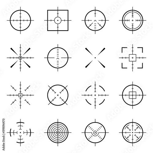 Unusual bullseye, accurate focus symbols. Precision aims, shooter target vector icons