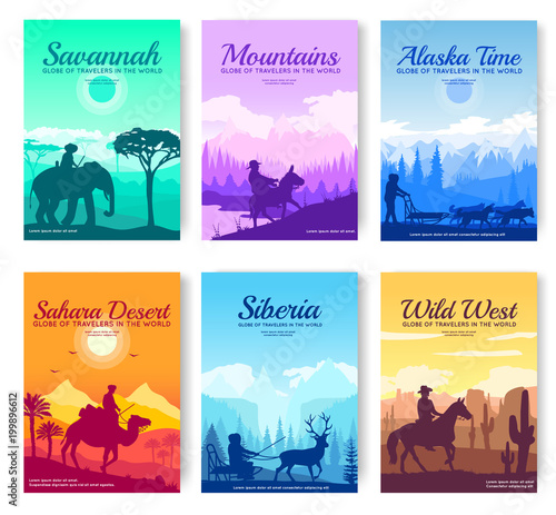 Different riders of the world vector brochure cards set. Colorful landscape template of flyear, magazines, poster, book cover, banners. invitation concept background. Layout illustration modern page