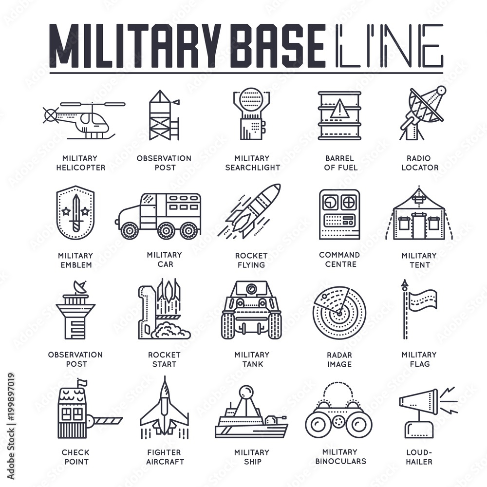 Thin line set of different rocket weapons and vehicles on military base concept. Outline military base vector illustrationd design Thin line set of different rocket weapons and vehicles on military base concept. Outline military base vector illustrationd design