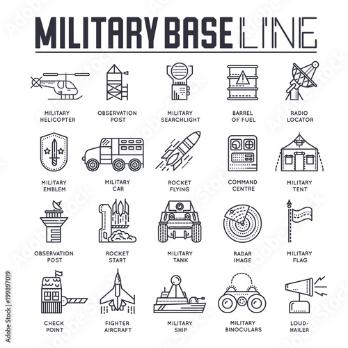 Thin line set of different rocket weapons and vehicles on military base concept.  Outline military base vector illustrationd design