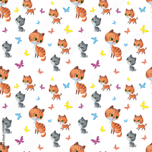 Fototapeta Naklejka Na Ścianę i Meble -  Cat family. Seamless pattern with cute animals and their cubs. Colorful vector background in cartoon style.
