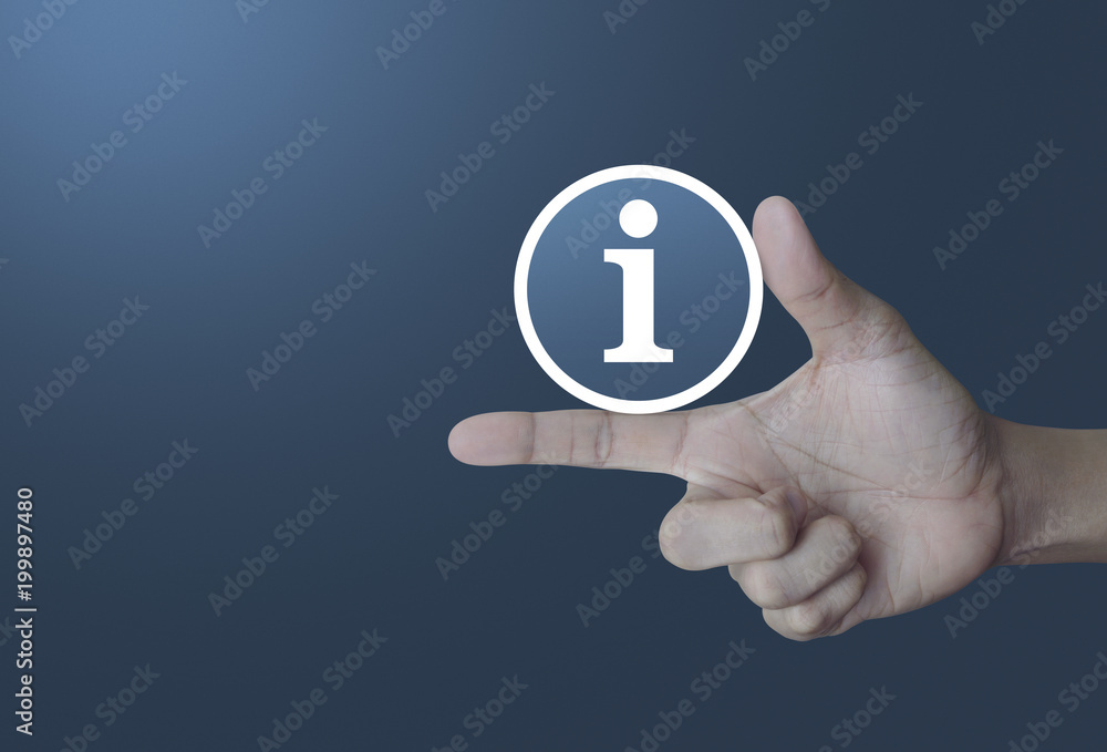 Information sign icon on finger over light gradient blue background, Business communication concept Information sign icon on finger over light gradient blue background, Business communication concept
