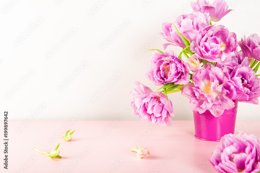 Fototapeta premium Beautiful Bunch of Peony Style Tulips on the Pink Pot