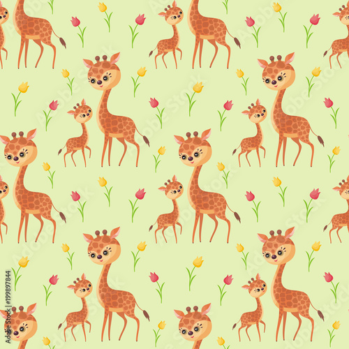 Giraffe family. Seamless pattern with cute animals and their cubs. Colorful vector background in cartoon style.