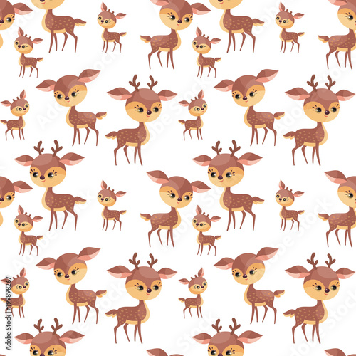 Deer family. Seamless pattern with cute animals and their cubs. Colorful vector background in cartoon style.