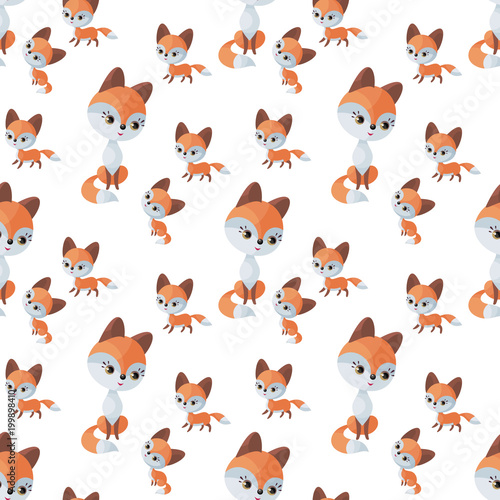 Fox family. Seamless pattern with cute animals and their cubs. Colorful vector background in cartoon style.