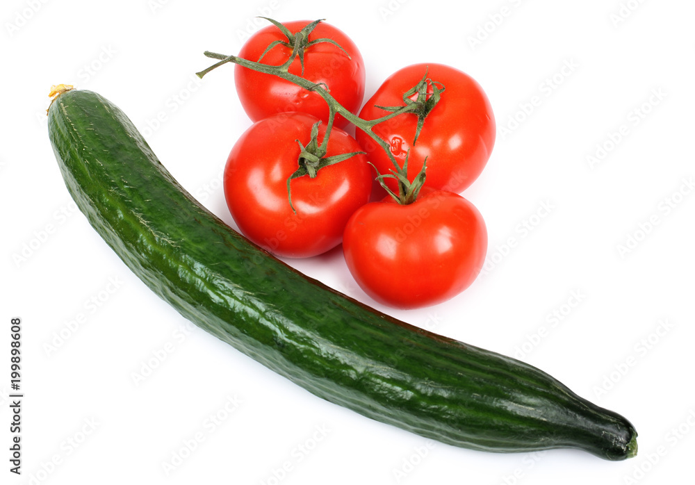 Green cucumber and red tomatos on white background Green cucumber and red tomatos on white background