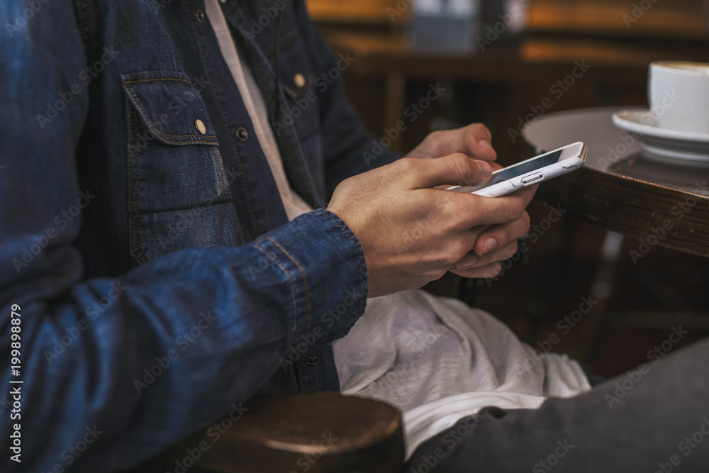 hand closeup with mobile phone, technology and lifestyle